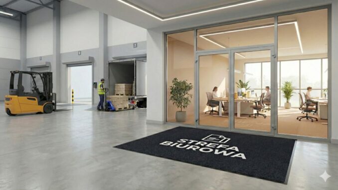 Hala magazynowa z wózkiem widłowym i strefą rozładunku obok przeszklonego biura z dużą matą wejściową „Strefa biurowa”, pokazująca jak serwis mat wejściowych zwiększa bezpieczeństwo i redukuje ryzyko wypadków w pracy.