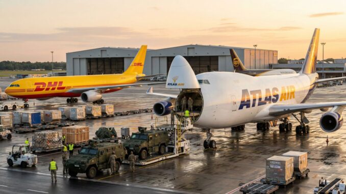 Świt na płycie lotniska cargo: po prawej samolot Atlas Air z otwartym nosem, do którego ładowane są wojskowe pojazdy opancerzone otoczone żołnierzami, w tle żółty frachtowiec DHL i kontenery z ładunkami cywilnymi, co pokazuje dwa światy tej samej logistyki – wojskowej i biznesowej, współistniejące obok siebie.