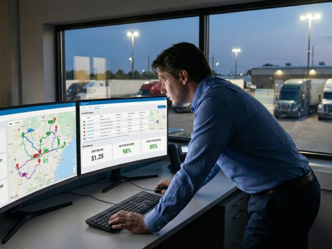 Dyspozytor w niebieskiej koszuli pochyla się nad biurkiem i patrzy na dwa duże monitory z mapą tras, wskaźnikami kosztów i terminowości dostaw, a za oknem widać rząd ciężarówek na placu, co pokazuje, jak nowoczesne systemy IT zastępują w logistyce papierowe zlecenia.