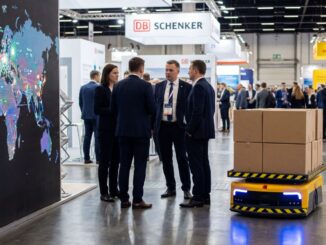 Hala targów logistycznych, w centrum kilku biznesmenów w garniturach rozmawia między stoiskami firm DB Schenker i DHL, obok jedzie żółty autonomiczny wózek z kartonami, a na dużym ekranie widać mapę świata z liniami transportowymi, co ilustruje planowanie udziału w targach branżowych w 2026 roku.