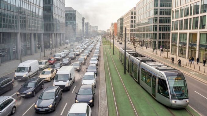 Zatłoczona ulica z korkiem samochodowym obok jadącego tramwaju w centrum miasta, ilustrująca wpływ transportu publicznego na redukcję śladu węglowego w mobilności miejskiej.