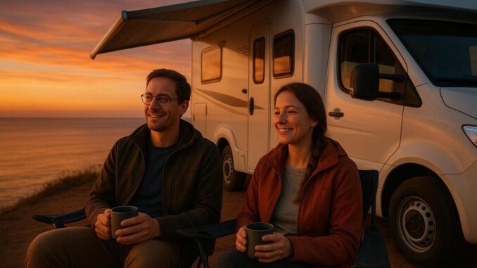 kobieta i mężczyzna pijący kawę przed swoim kamperem