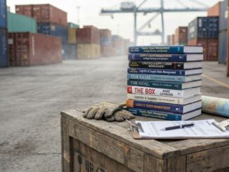 Stos książek o logistyce na drewnianej skrzyni w porcie kontenerowym, obok rękawic, mapy i clipboardu z dokumentami.