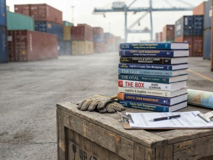 Stos książek o logistyce na drewnianej skrzyni w porcie kontenerowym, obok rękawic, mapy i clipboardu z dokumentami.