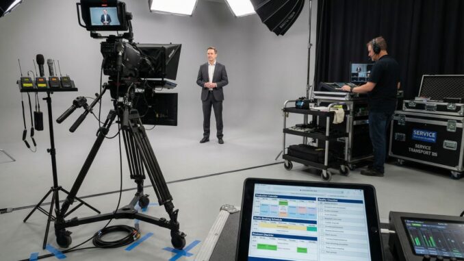 Studio nagraniowe: kamera, oświetlenie i realizator przy stanowisku, a prowadzący stoi na planie – zaplecze logistyczno-administracyjne pracy redakcji.