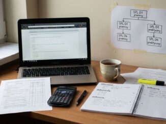 Biurko z laptopem i notatkami do nauki, kalkulatorem oraz schematem przygotowań do egzaminów SPL.01 i SPL.04 technika logistyka.