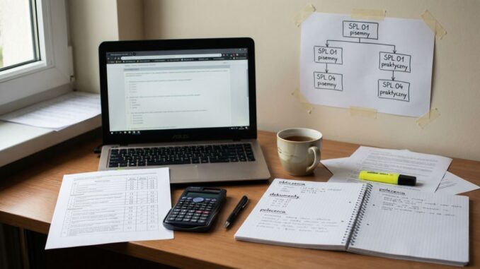 Biurko z laptopem i notatkami do nauki, kalkulatorem oraz schematem przygotowań do egzaminów SPL.01 i SPL.04 technika logistyka.