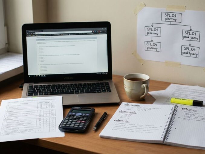 Biurko z laptopem i notatkami do nauki, kalkulatorem oraz schematem przygotowań do egzaminów SPL.01 i SPL.04 technika logistyka.