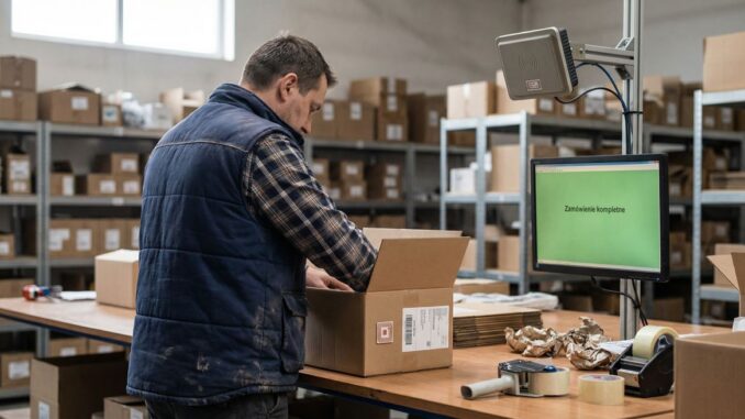 Pracownik magazynu kompletuje i pakuje zamówienie, a na monitorze systemu RFID widnieje komunikat „Zamówienie kompletne”.