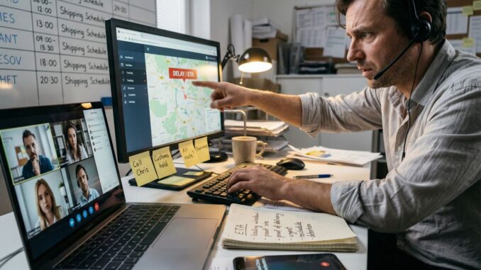 Pracownik logistyki monitoruje opóźnioną przesyłkę na mapie na monitorze i prowadzi wideokonferencję na laptopie.