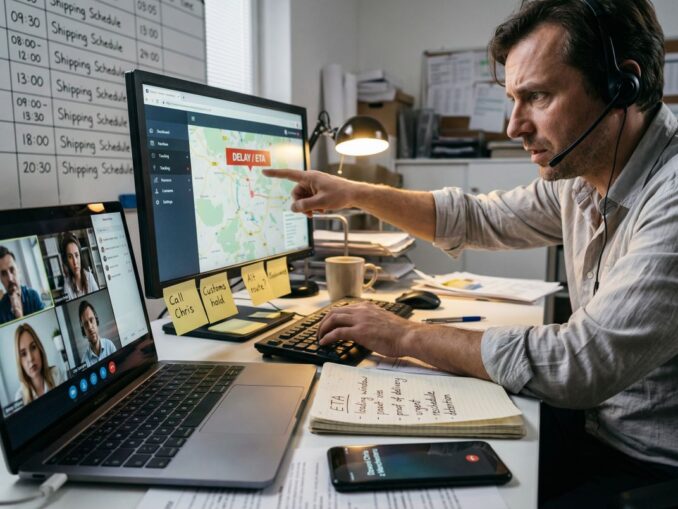 Pracownik logistyki monitoruje opóźnioną przesyłkę na mapie na monitorze i prowadzi wideokonferencję na laptopie.