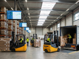 Magazyn logistyczny z wózkami widłowymi i paletami przy załadunku kontenera – operacje w łańcuchu dostaw w transporcie międzynarodowym.