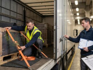 Bezpieczny załadunek w centrum dystrybucji: pasy transportowe, checklist i inspekcja ładunku w naczepie.