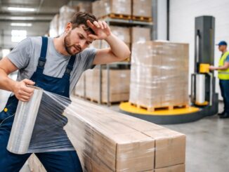 Pracownik magazynu ręcznie owija paletę folią stretch na tle owijarki i zapakowanych palet