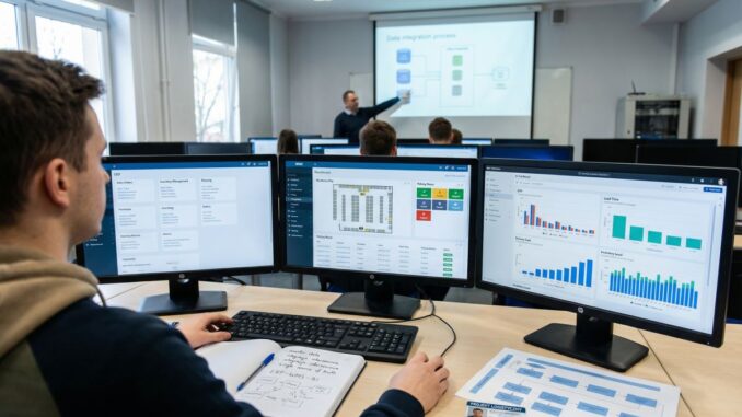 Zajęcia z logistyki w laboratorium IT: kilka ekranów z danymi magazynowymi i KPI, w tle wykładowca przy prezentacji procesu.