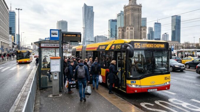 Autobus miejski linii 175 na przystanku w centrum Warszawy, pokazujący znaczenie autobusów w codziennej komunikacji miejskiej.