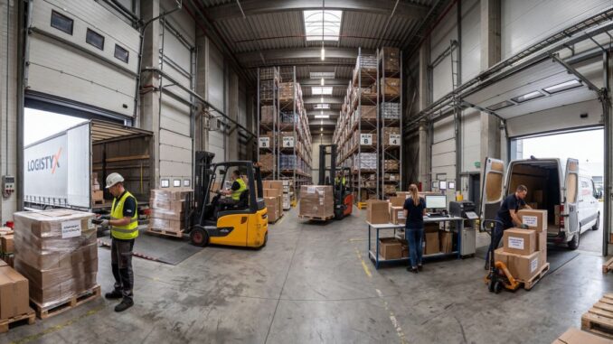 Magazyn logistyczny z przyjęciem i wysyłką towarów, pokazujący różnice między logistyką zaopatrzenia a logistyką dystrybucji.