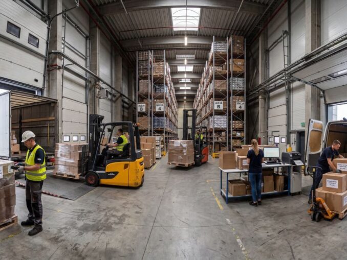 Magazyn logistyczny z przyjęciem i wysyłką towarów, pokazujący różnice między logistyką zaopatrzenia a logistyką dystrybucji.