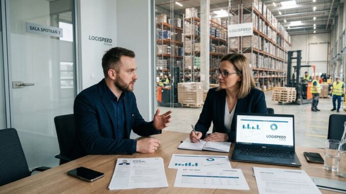 Rozmowa rekrutacyjna w firmie logistycznej w Poznaniu na tle magazynu, ilustrująca poszukiwanie dobrej pracy w logistyce.