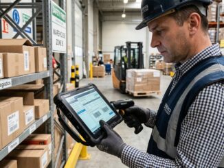 Pracownik magazynu korzysta z tabletu przemysłowego podczas kompletacji zamówień w centrum logistycznym.