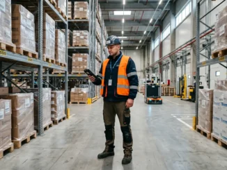 Specjalista ds. logistyki w nowoczesnym polskim magazynie analizuje dane na terminalu