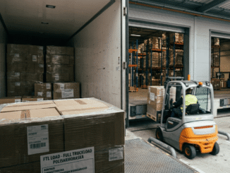 Wózek widłowy rozładowuje towar przy rampie magazynowej