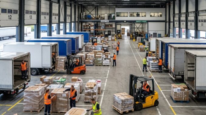 Terminal cross-dockingowy — palety przy rampach załadunkowych, sortowanie towaru między ciężarówkami przychodzącymi i wychodzącymi.