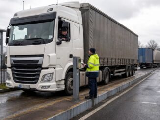 Zestaw ciągnika z naczepą kurtynową na wadze samochodowej przy bazie transportowej.