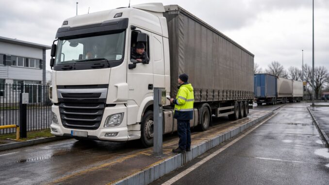 Zestaw ciągnika z naczepą kurtynową na wadze samochodowej przy bazie transportowej.