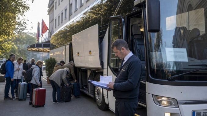 Kierowca autokaru sprawdza dokumenty przewozowe przed wyjazdem grupy spod hotelu.