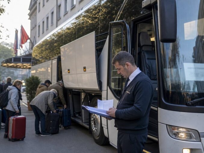 Kierowca autokaru sprawdza dokumenty przewozowe przed wyjazdem grupy spod hotelu.