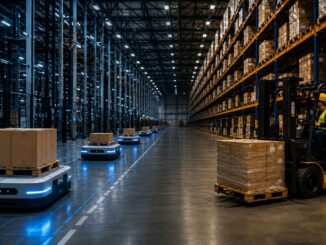 Autonomiczne roboty mobilne AMR oraz wózek widłowy z operatorem przewożące palety w zautomatyzowanym magazynie