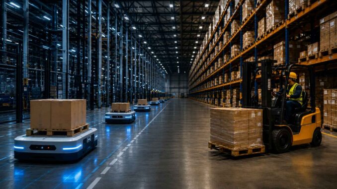 Autonomiczne roboty mobilne AMR oraz wózek widłowy z operatorem przewożące palety w zautomatyzowanym magazynie