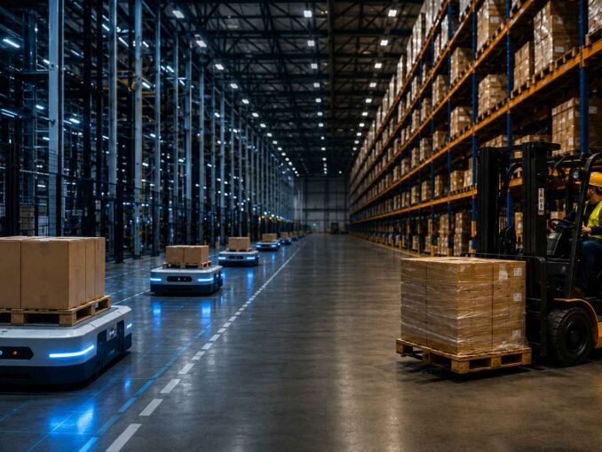 Autonomiczne roboty mobilne AMR oraz wózek widłowy z operatorem przewożące palety w zautomatyzowanym magazynie