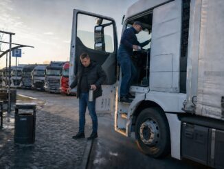 Dwaj kierowcy zmieniają się za kierownicą ciągnika siodłowego na parkingu przy autostradzie.
