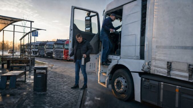 Dwaj kierowcy zmieniają się za kierownicą ciągnika siodłowego na parkingu przy autostradzie.