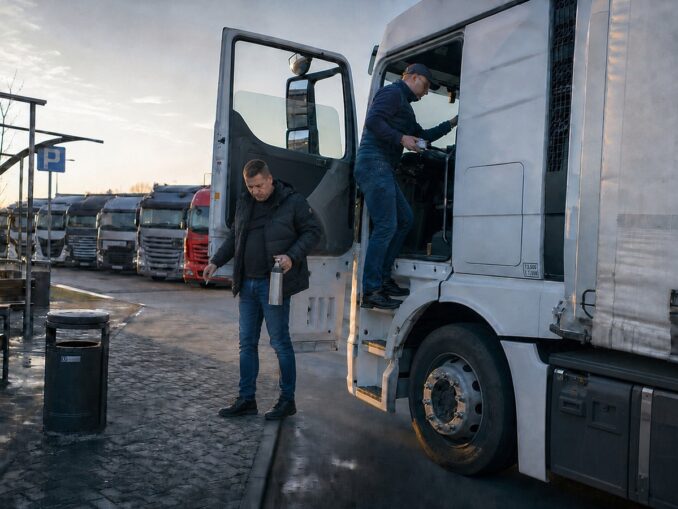 Dwaj kierowcy zmieniają się za kierownicą ciągnika siodłowego na parkingu przy autostradzie.