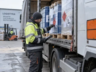 Naczepa z oznaczeniami ADR w bazie transportowej