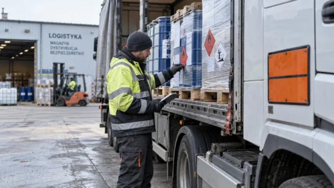 Naczepa z oznaczeniami ADR w bazie transportowej