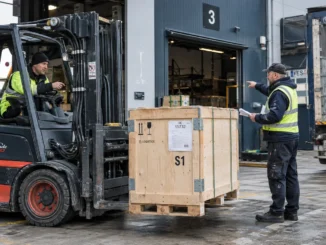 Pracownicy przygotowują skrzynię transportową do odbioru z rampy magazynu