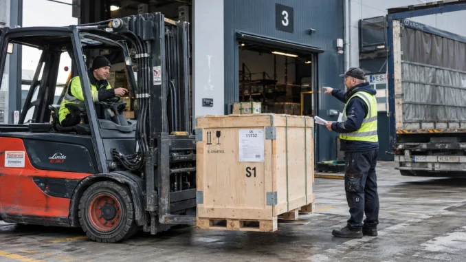 Pracownicy przygotowują skrzynię transportową do odbioru z rampy magazynu