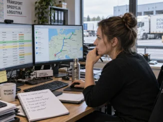 Spedytorka analizuje zlecenia transportowe i oferty pracy przy biurku