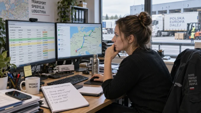 Spedytorka analizuje zlecenia transportowe i oferty pracy przy biurku