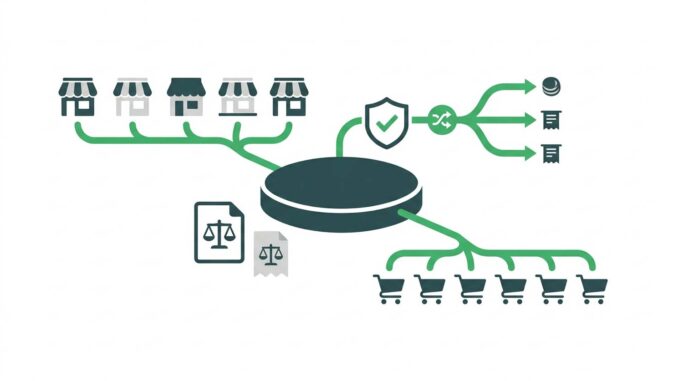 Schemat przedstawiający architekturę i budowę platformy marketplace, łączącej sprzedawców, bezpieczne procesy płatności, wymogi prawne oraz kupujących.