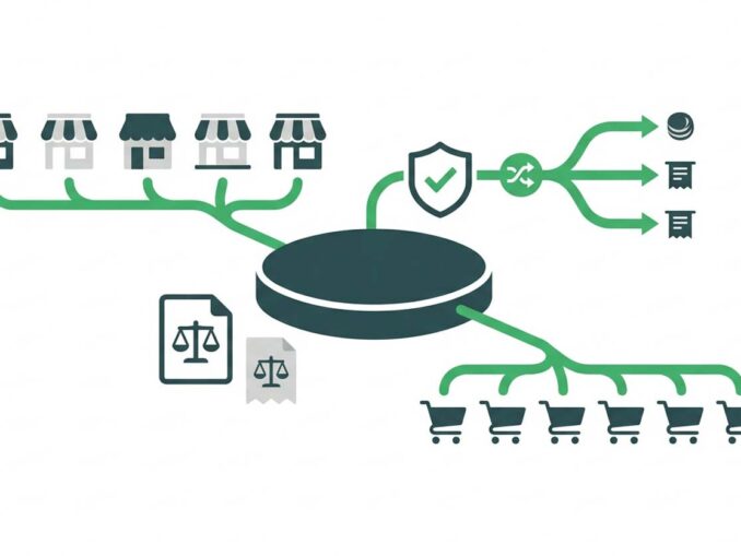 Schemat przedstawiający architekturę i budowę platformy marketplace, łączącej sprzedawców, bezpieczne procesy płatności, wymogi prawne oraz kupujących.